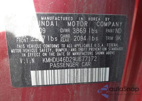 2009 Hyundai Elantra Gls from USA, damaged, VIN KMHDU46D29U677172